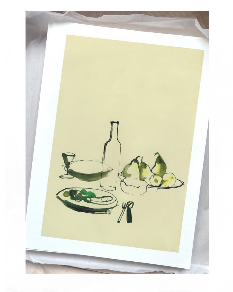 "A lunch with wine". A giclée print for the home. Available in multiple sizes Red wine illustration by Caroline Tomlinson. Simple line drawing - colour watercolour and ink, hand drawn illustrations.