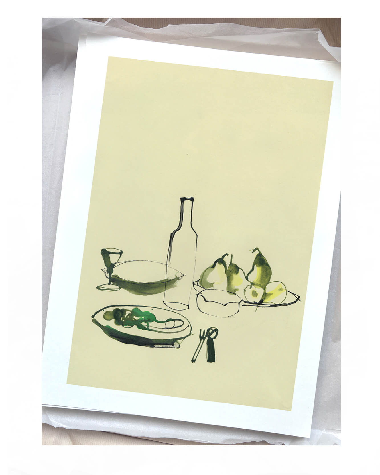 "A lunch with wine". A giclée print for the home. Available in multiple sizes Red wine illustration by Caroline Tomlinson. Simple line drawing - colour watercolour and ink, hand drawn illustrations.