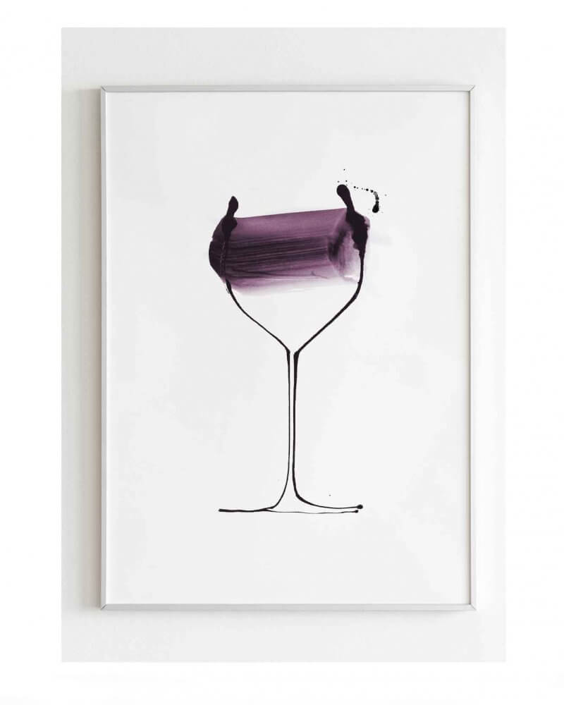 A glass of red. A giclée print for the home. Available in multiple sizes Red wine illustration by Caroline Tomlinson. Simple line drawing - colour watercolour and ink, hand drawn illustrations.