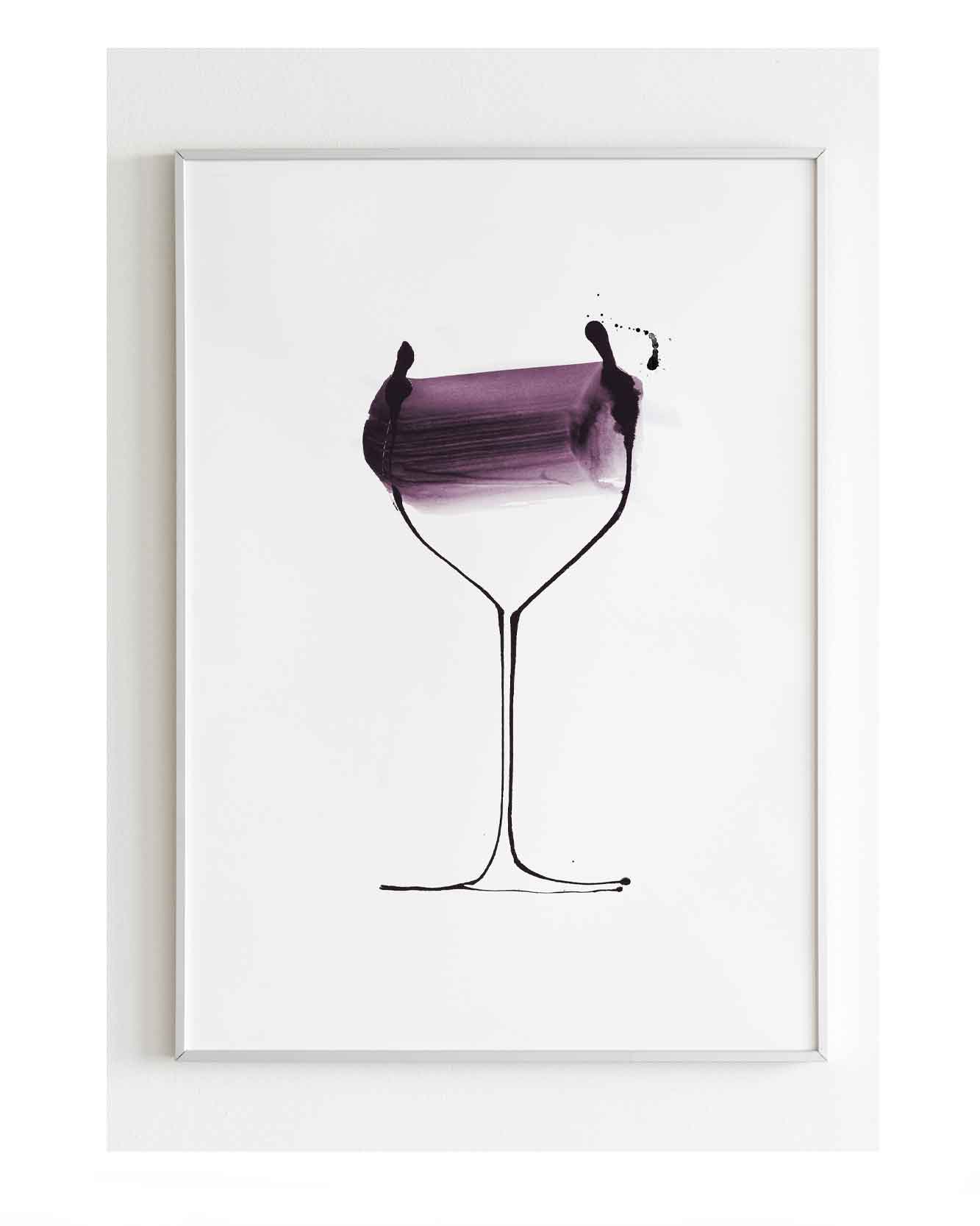 A glass of red. A giclée print for the home. Available in multiple sizes Red wine illustration by Caroline Tomlinson. Simple line drawing - colour watercolour and ink, hand drawn illustrations.
