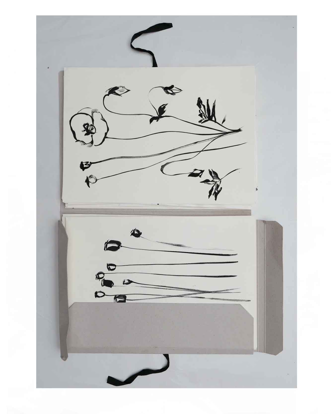 Initial brush strokes of wild flower illustrations. Gestural ink brushstrokes for textile prints and ceramics designs.