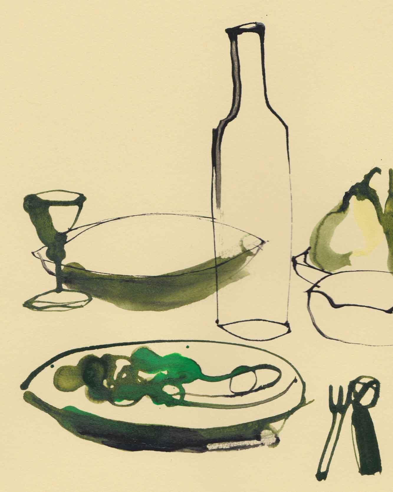 Detail of "A lunch with wine". A giclée print for the home. Available in multiple sizes Red wine illustration by Caroline Tomlinson. Simple line drawing - colour watercolour and ink, hand drawn illustrations.