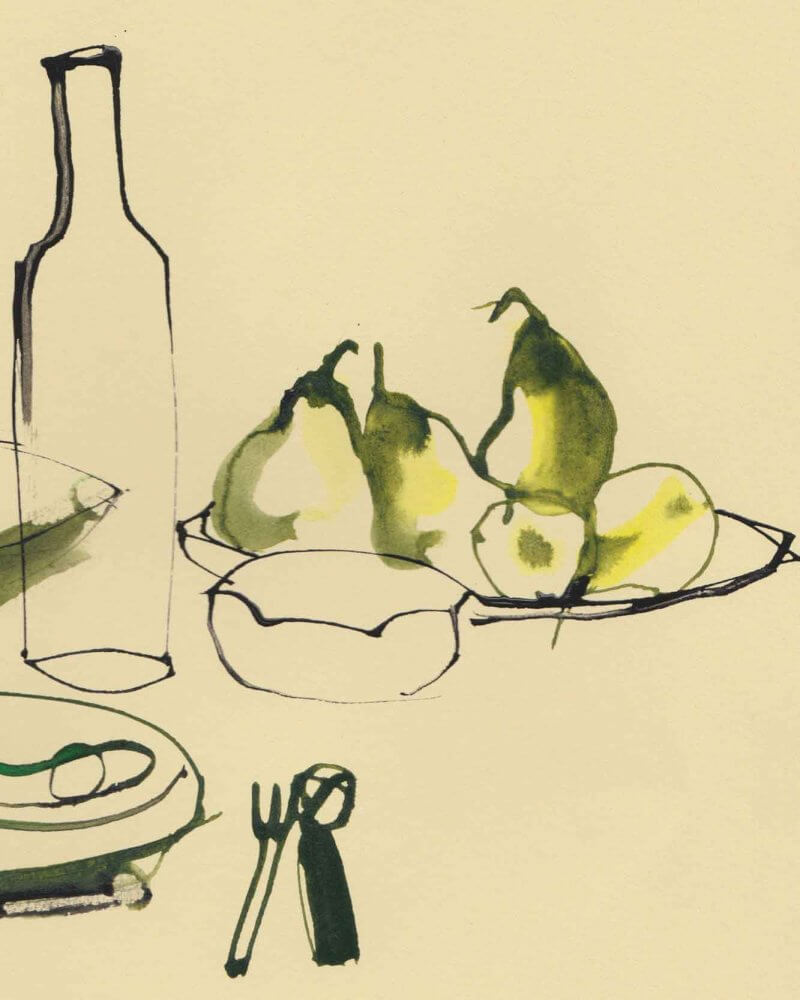 Detail of "A lunch with wine". A giclée print for the home. Available in multiple sizes Red wine illustration by Caroline Tomlinson. Simple line drawing - colour watercolour and ink, hand drawn illustrations.
