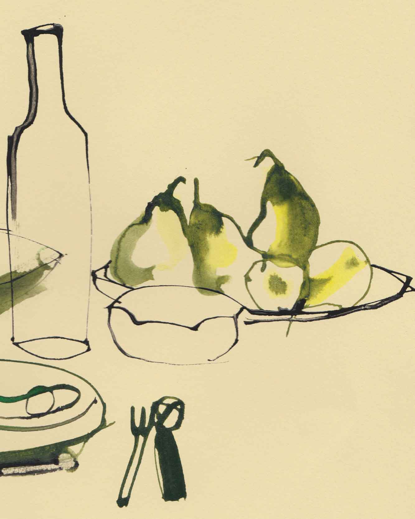 Detail of "A lunch with wine". A giclée print for the home. Available in multiple sizes Red wine illustration by Caroline Tomlinson. Simple line drawing - colour watercolour and ink, hand drawn illustrations.