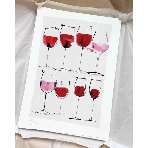 Rosé wine to red wine. A giclée print for the home. Available in multiple sizes Red wine and rosé wine inspired illustration by Caroline Tomlinson. Simple line drawing - colour watercolour and ink, hand drawn illustrations of glasses of wine.