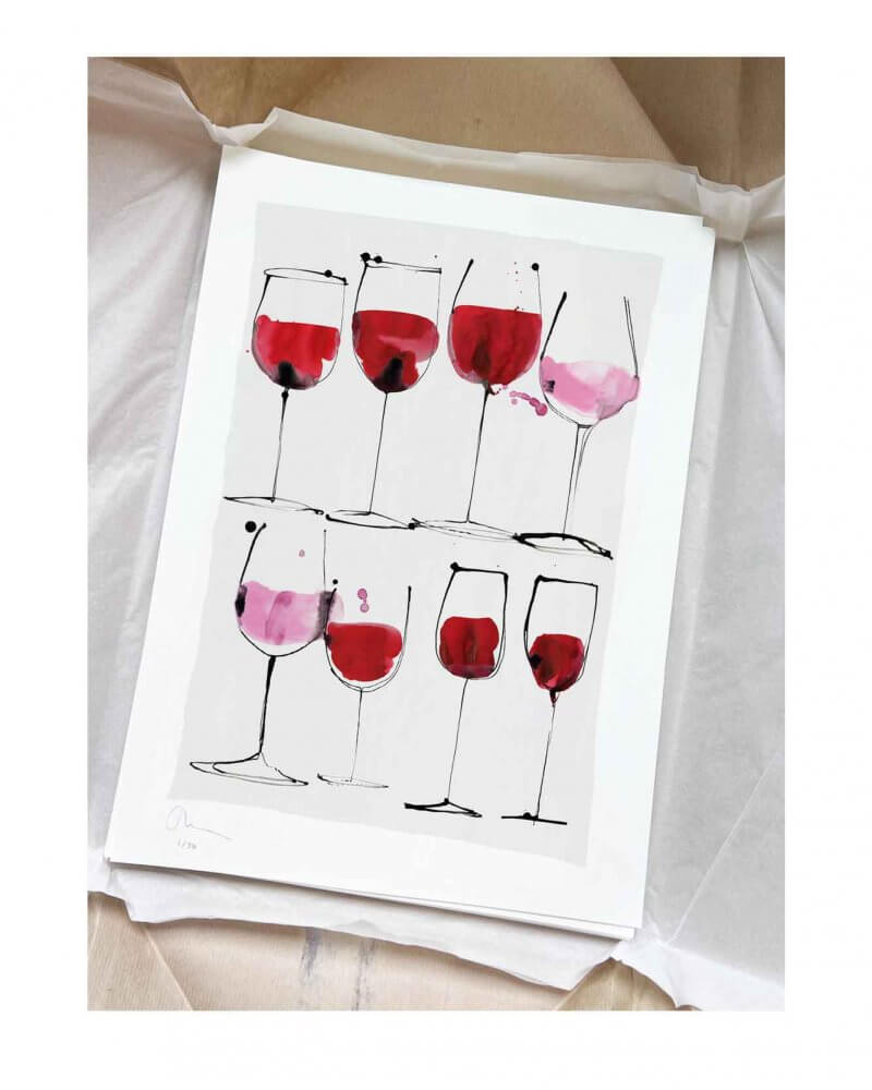 Rosé wine to red wine. A giclée print for the home. Available in multiple sizes Red wine and rosé wine inspired illustration by Caroline Tomlinson. Simple line drawing - colour watercolour and ink, hand drawn illustrations of glasses of wine.