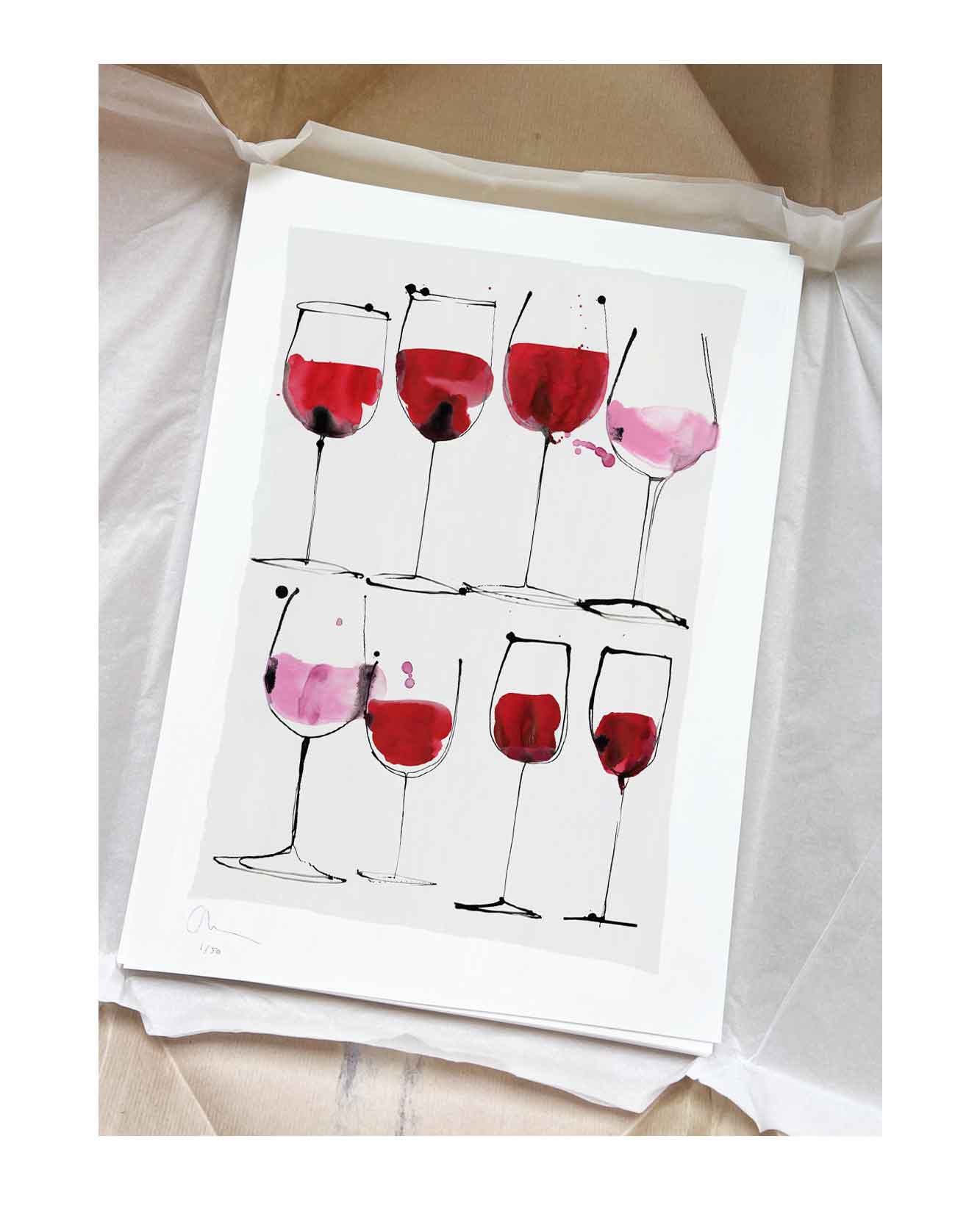 Rosé wine to red wine. A giclée print for the home. Available in multiple sizes Red wine and rosé wine inspired illustration by Caroline Tomlinson. Simple line drawing - colour watercolour and ink, hand drawn illustrations of glasses of wine.
