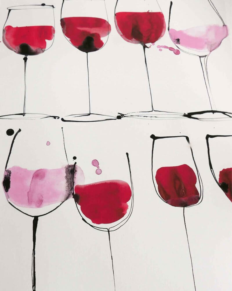 Detail from a print "Rosé wine to Red" wine. A giclée print for the home. Available in multiple sizes Red wine and rosé wine inspired illustration by Caroline Tomlinson. Simple line drawing - colour watercolour and ink, hand drawn illustrations of glasses of wine.