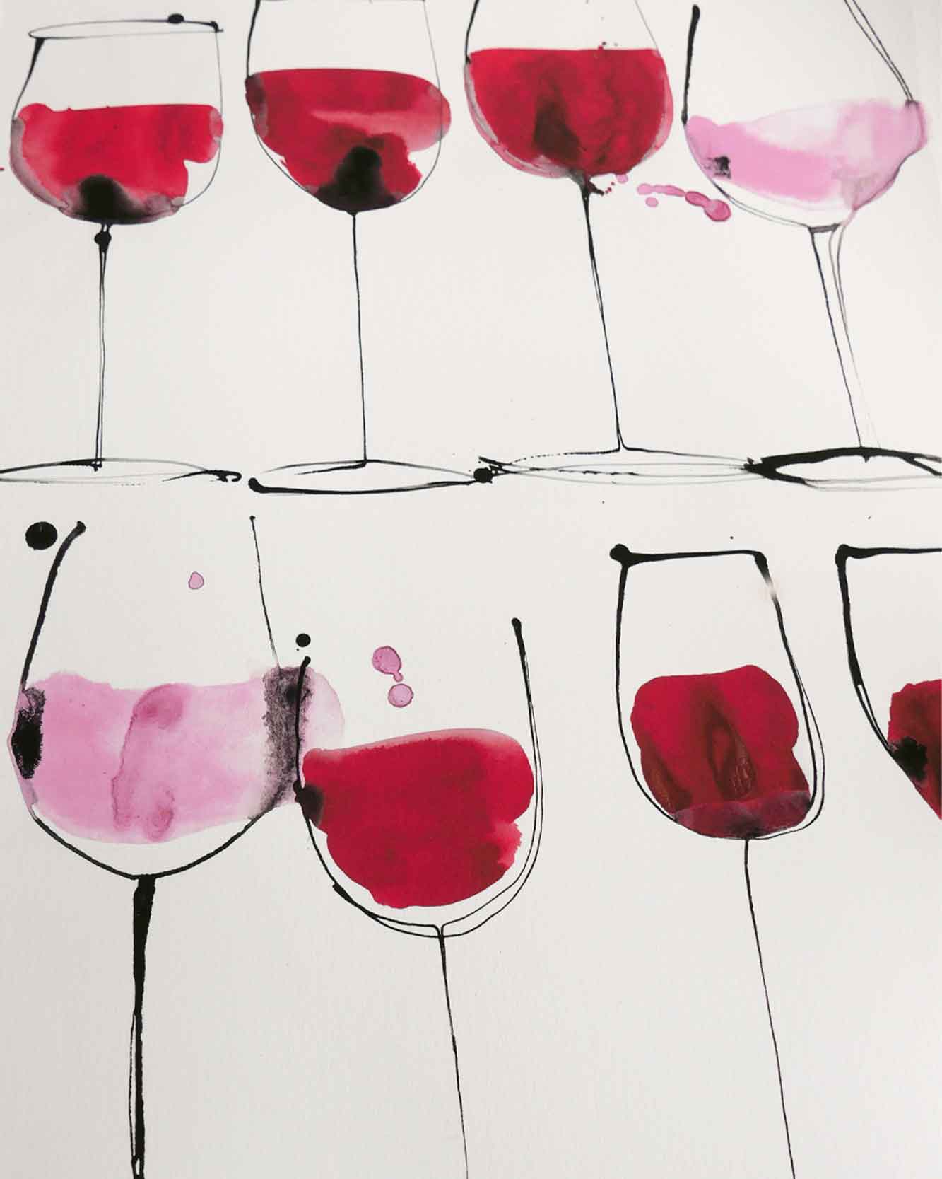 Detail from a print "Rosé wine to Red" wine. A giclée print for the home. Available in multiple sizes Red wine and rosé wine inspired illustration by Caroline Tomlinson. Simple line drawing - colour watercolour and ink, hand drawn illustrations of glasses of wine.