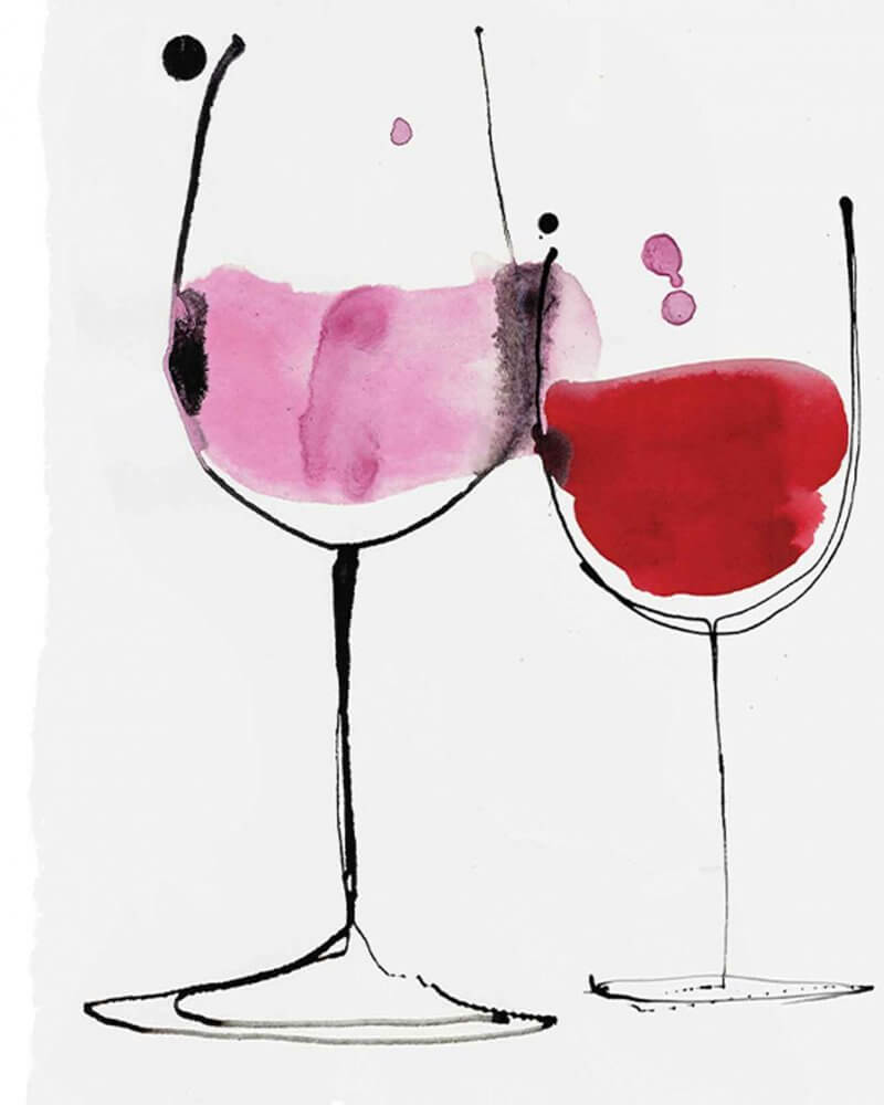 Detail from a print "Rosé wine to Red" wine. A giclée print for the home. Available in multiple sizes Red wine and rosé wine inspired illustration by Caroline Tomlinson. Simple line drawing - colour watercolour and ink, hand drawn illustrations of glasses of wine.