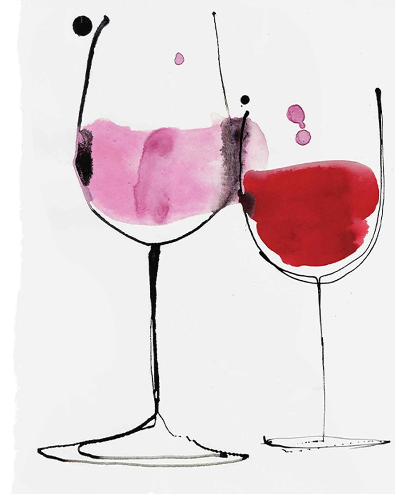 Detail from a print "Rosé wine to Red" wine. A giclée print for the home. Available in multiple sizes Red wine and rosé wine inspired illustration by Caroline Tomlinson. Simple line drawing - colour watercolour and ink, hand drawn illustrations of glasses of wine.