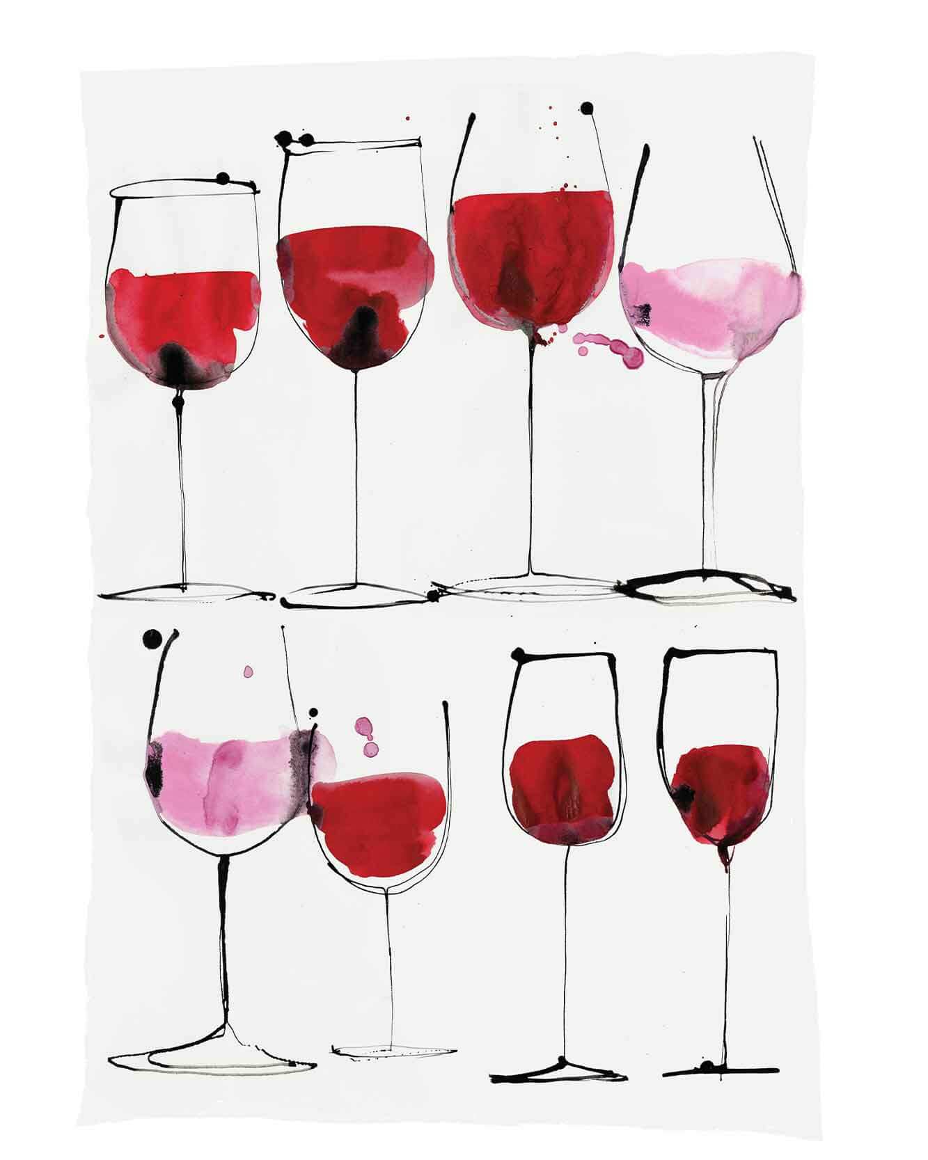 Rosé wine to red wine. A giclée print for the home. Available in multiple sizes Red wine and rosé wine inspired illustration by Caroline Tomlinson. Simple line drawing - colour watercolour and ink, hand drawn illustrations of glasses of wine.