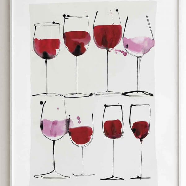 Framed print Rosé wine to red wine. A giclée print for the home. Available in multiple sizes Red wine and rosé wine inspired illustration by Caroline Tomlinson. Simple line drawing - colour watercolour and ink, hand drawn illustrations of glasses of wine.