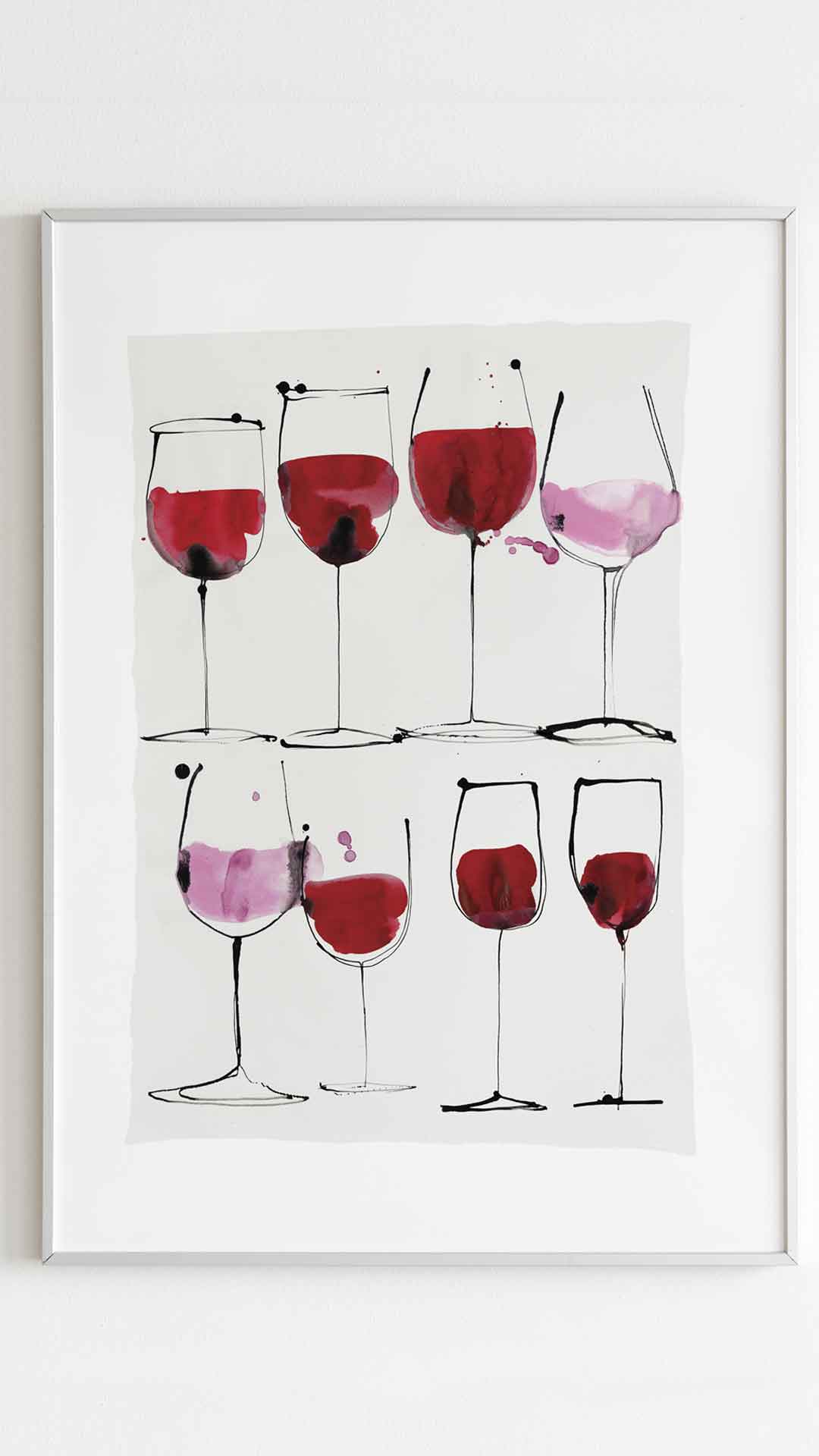 Framed print Rosé wine to red wine. A giclée print for the home. Available in multiple sizes Red wine and rosé wine inspired illustration by Caroline Tomlinson. Simple line drawing - colour watercolour and ink, hand drawn illustrations of glasses of wine.