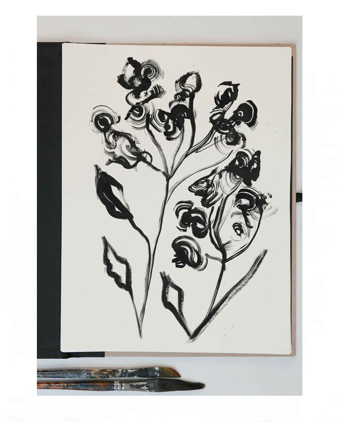Initial ink drawings for floral woven textile designs inspired by wild flowers on an artist desk.