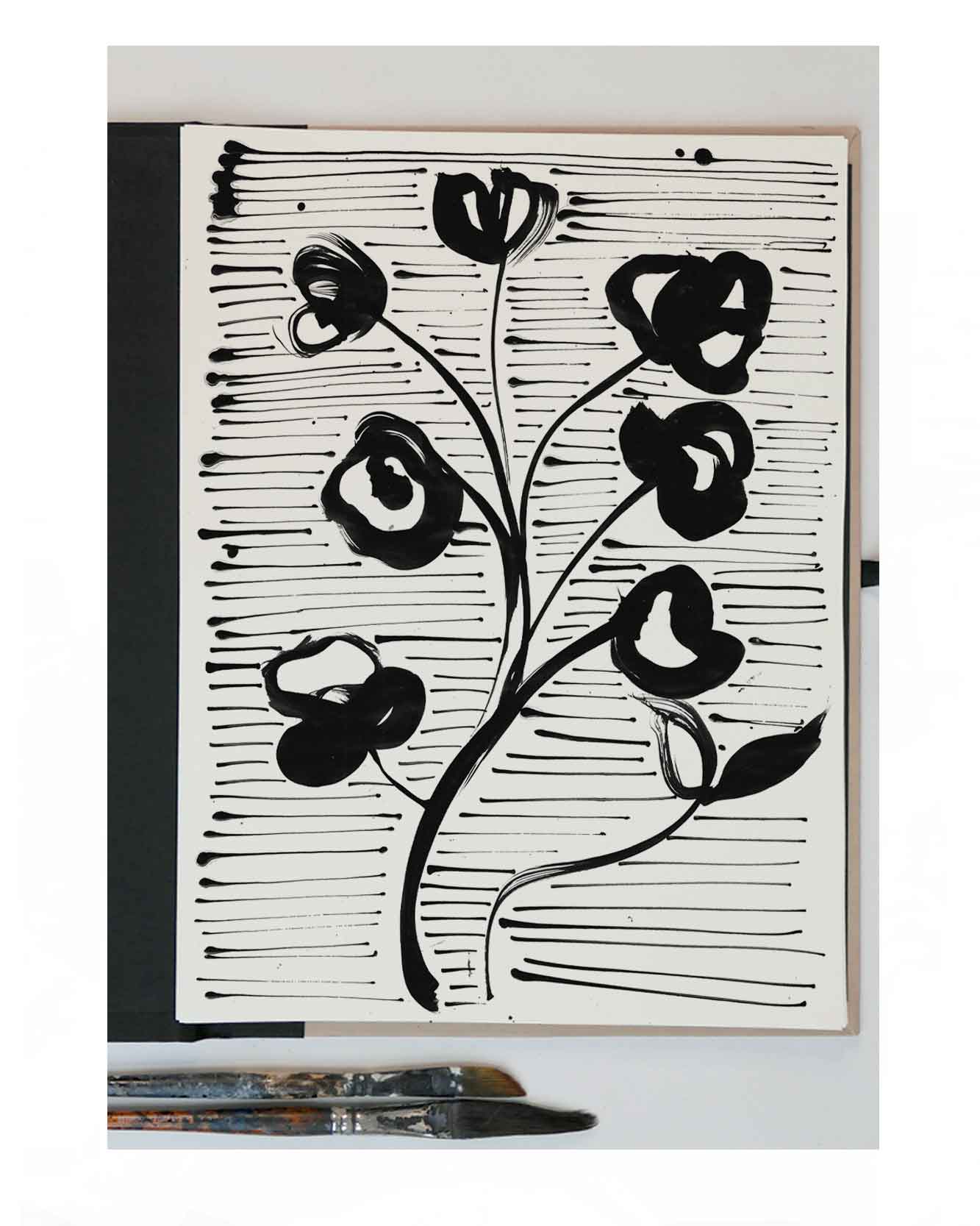 Initial ink drawings for floral woven textile designs inspired by wild flowers on an artist desk.