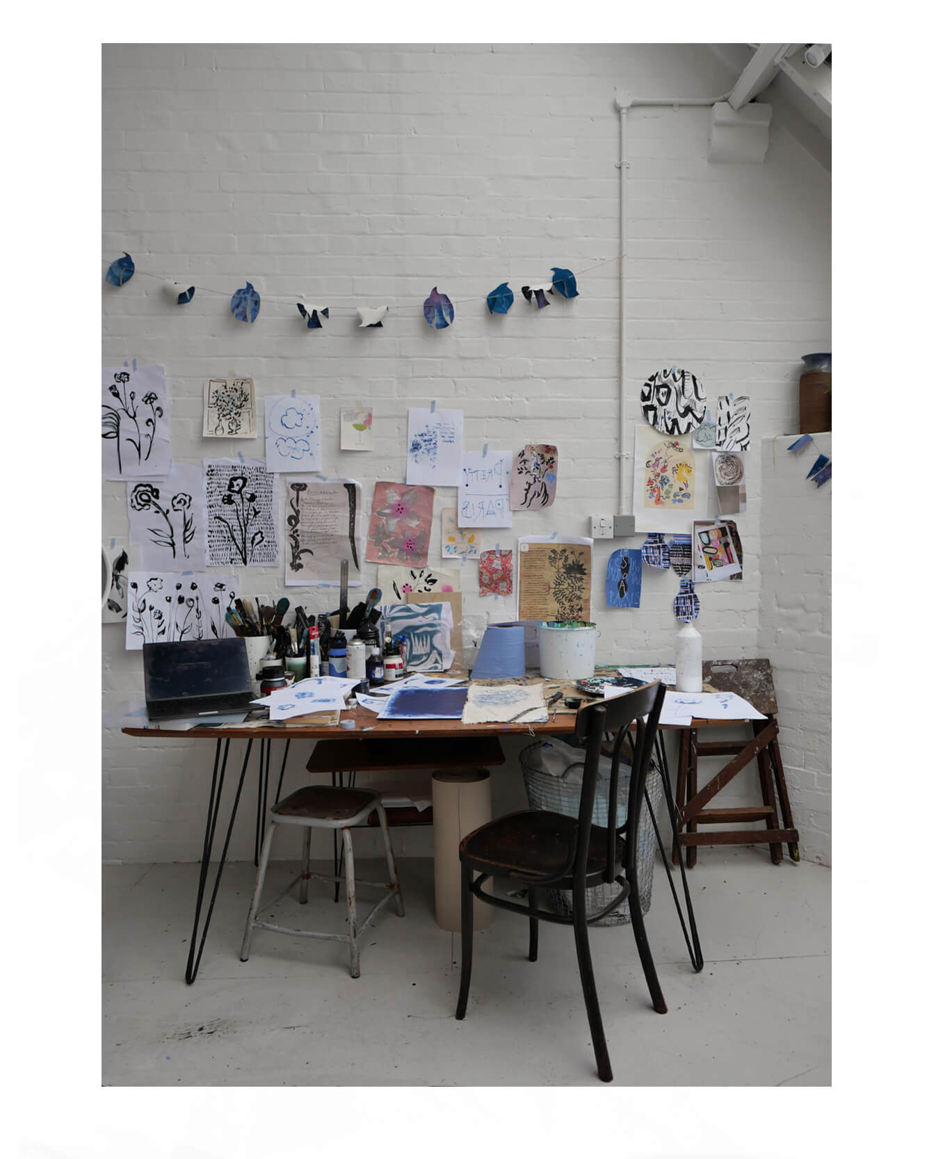 Caroline Tomlinson studio, London illustrator, art studio photography, creative workspace, artist process, illustration studio London, inky drawings, collage art, botanical illustration, contemporary illustration, mark-making, artist behind the scenes.