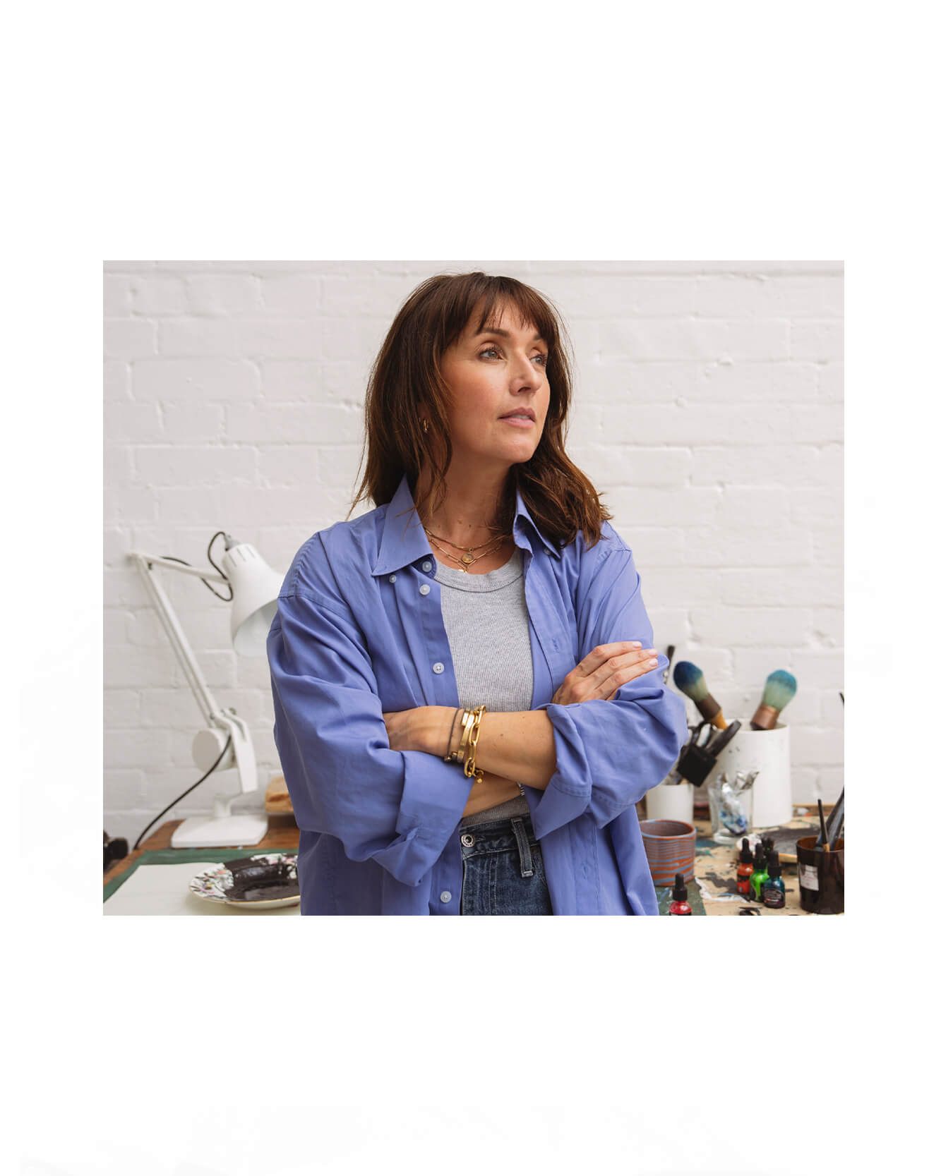 Caroline Tomlinson portrait, London illustrator, female artist London, creative portrait photography, Shoreditch studio, contemporary illustrator, British artist, inky illustration, fashion illustration London, creative process, artist profile photo.