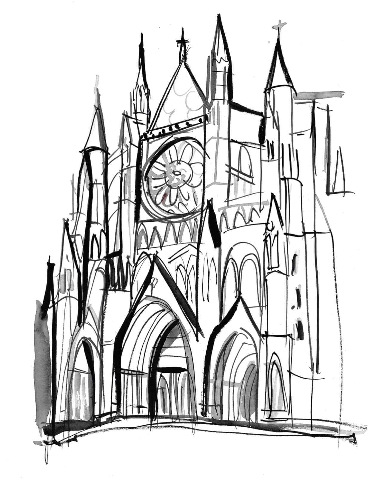 Open sketchbook with an exterior drawing of Westminster Abbey for a project drawing live for Christmas Carol Service Westminster Abbey for The Royal Foundation of the Prince and Princess of Wales - Live Drawing
