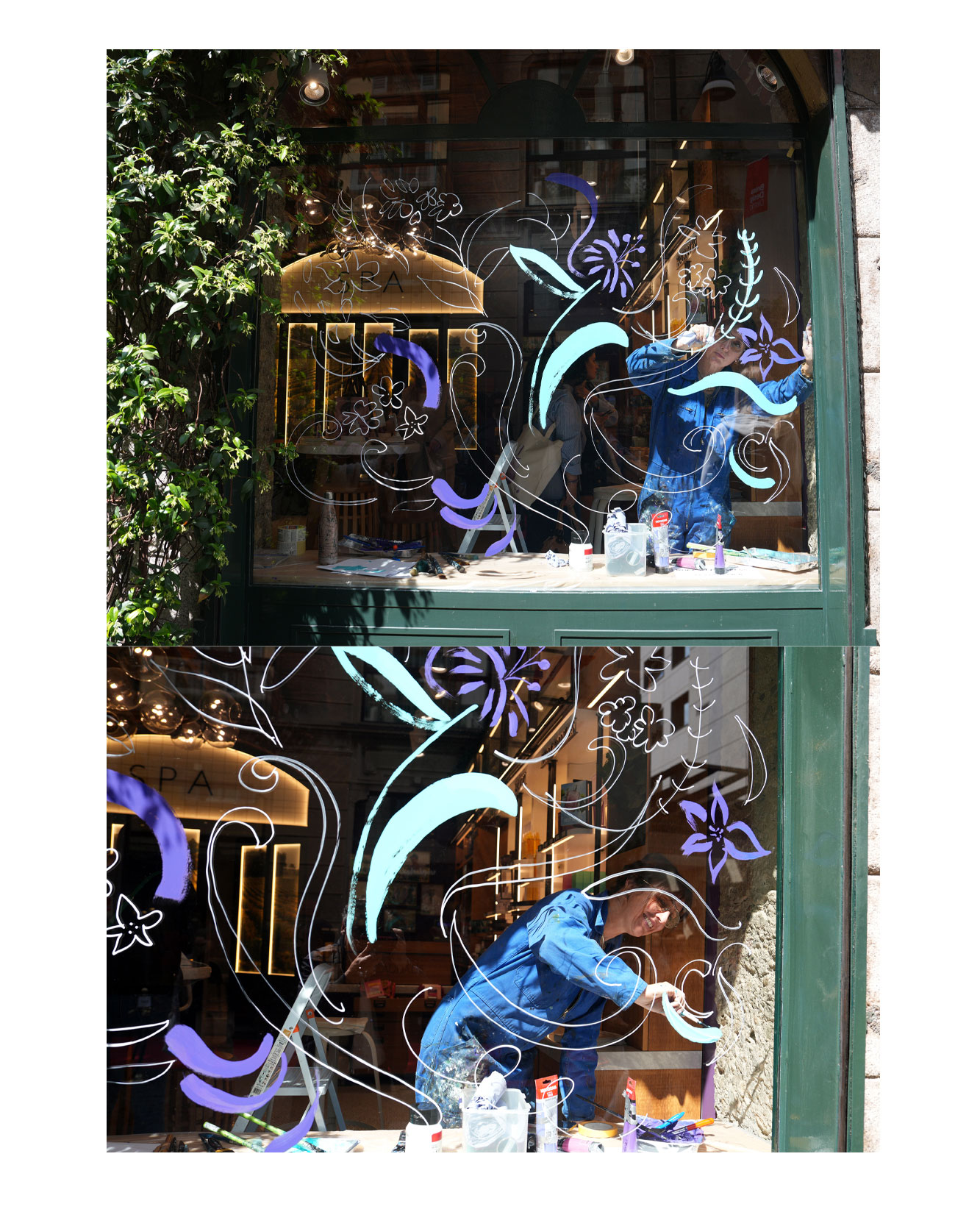 Artist live painting gestural botanical illustrations on large storefront windows during Milan Design Week for a luxury beauty brand, featuring fluid ink lines inspired by nature and fragrance.