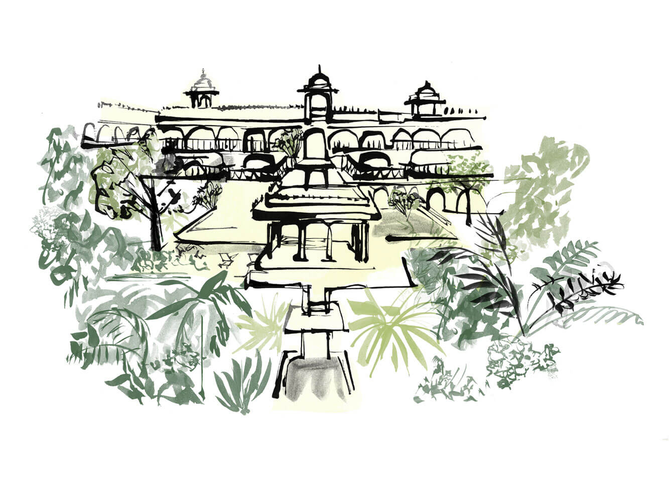 Illustrated hotel facade with custom typography for travel editorial feature - Asia