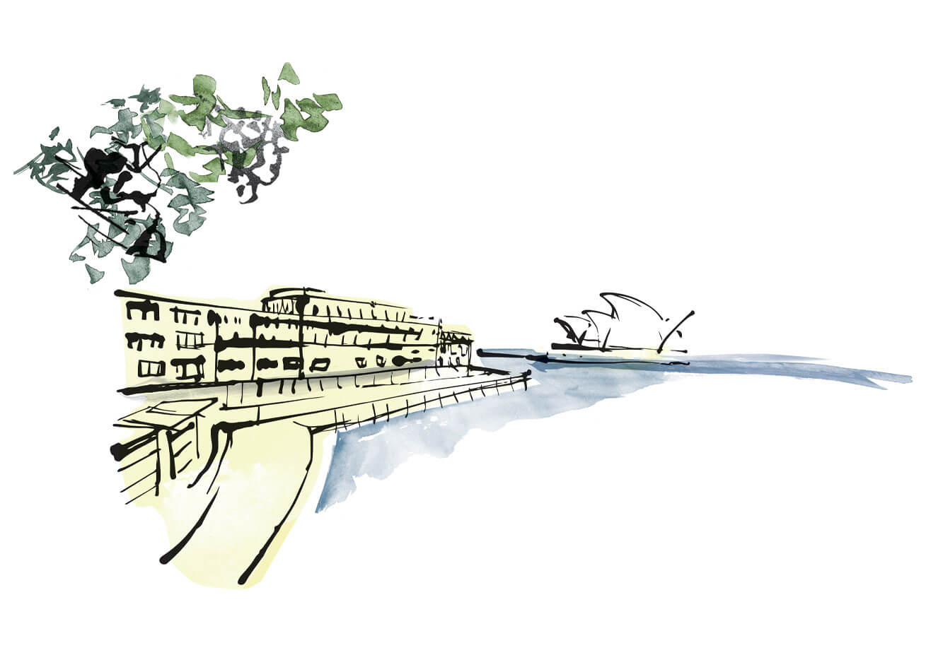 Illustrated hotel facade with custom typography for travel editorial feature - Sydney