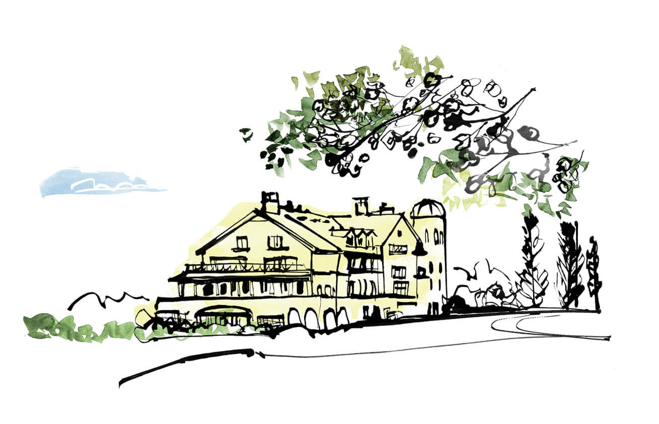 Illustrated hotel facade with for travel editorial feature on best hotels in the world - USA