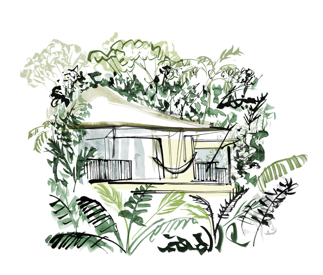 Illustrated hotel facade with custom typography for travel editorial feature - Mexico