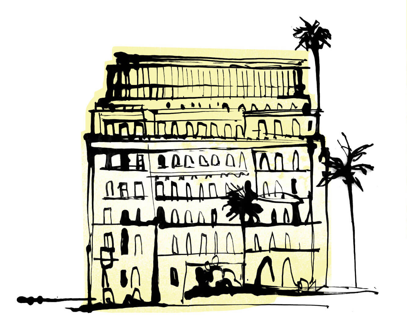 Illustrated hotel facade with for travel editorial feature on best hotels in the world - Sydney