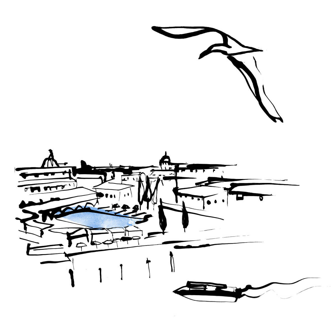 Illustrated hotel facade with for travel editorial feature on best hotels in the world - Venice