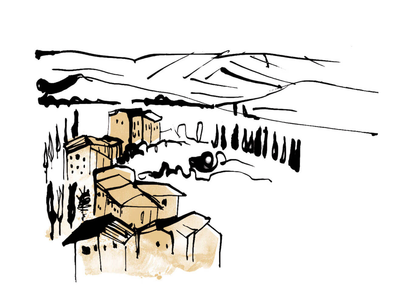 Illustrated hotel facade with custom typography for travel editorial feature - Mexico