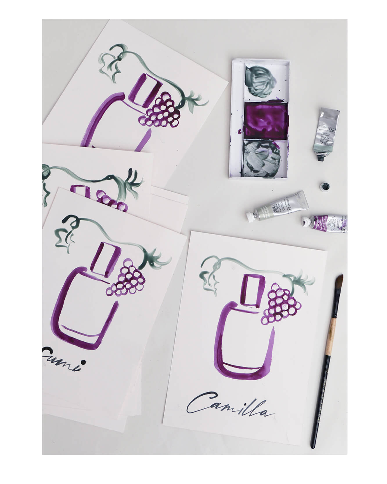 CAROLINE-TOMLINSON-HANDPAINTED_INVITES_1 Hand lettered Caudalie invitation with hand painted grape illustration on textured paper