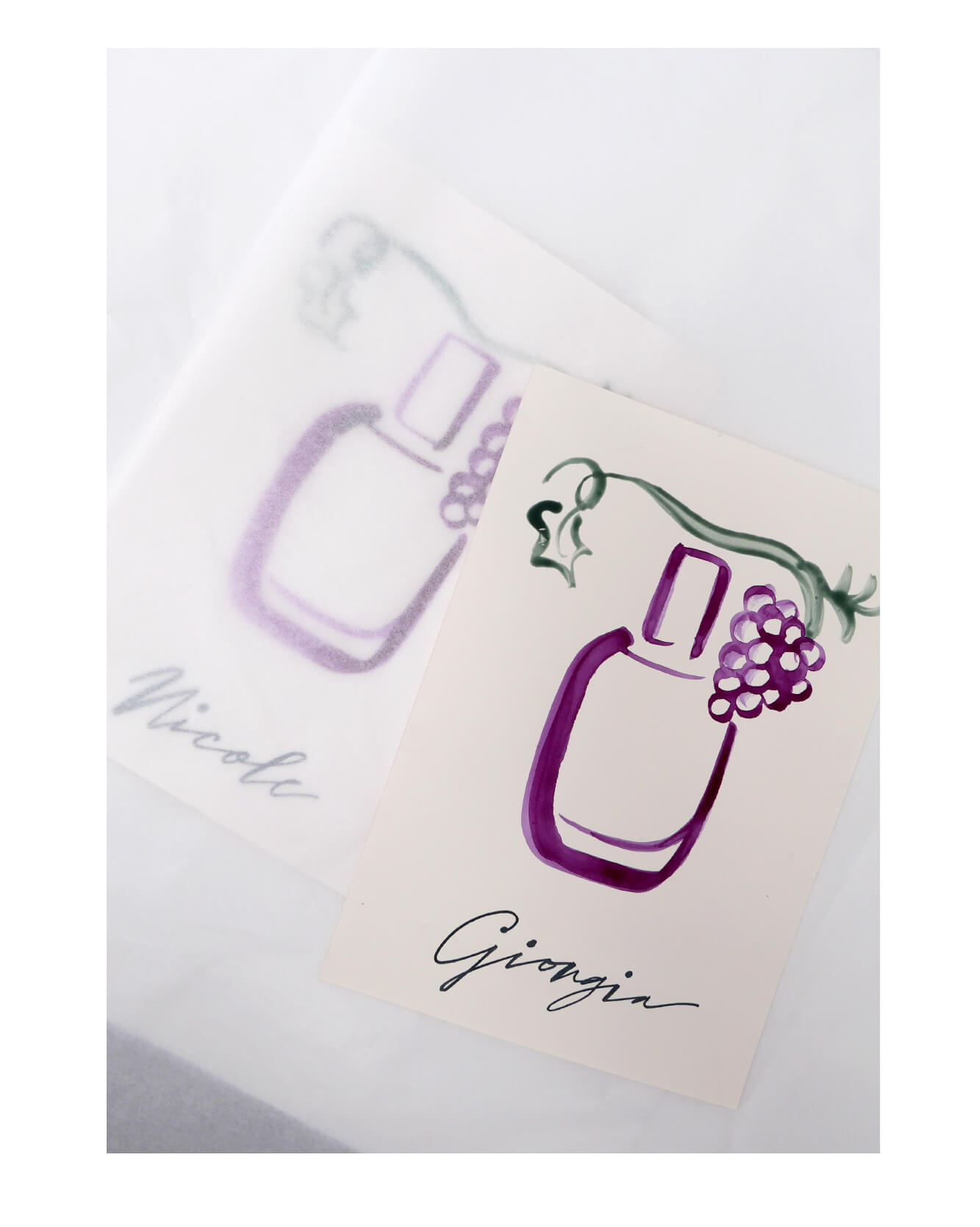 CAROLINE-TOMLINSON-INVITE2 Hand lettered Caudalie invitation with hand painted grape illustration on textured paper