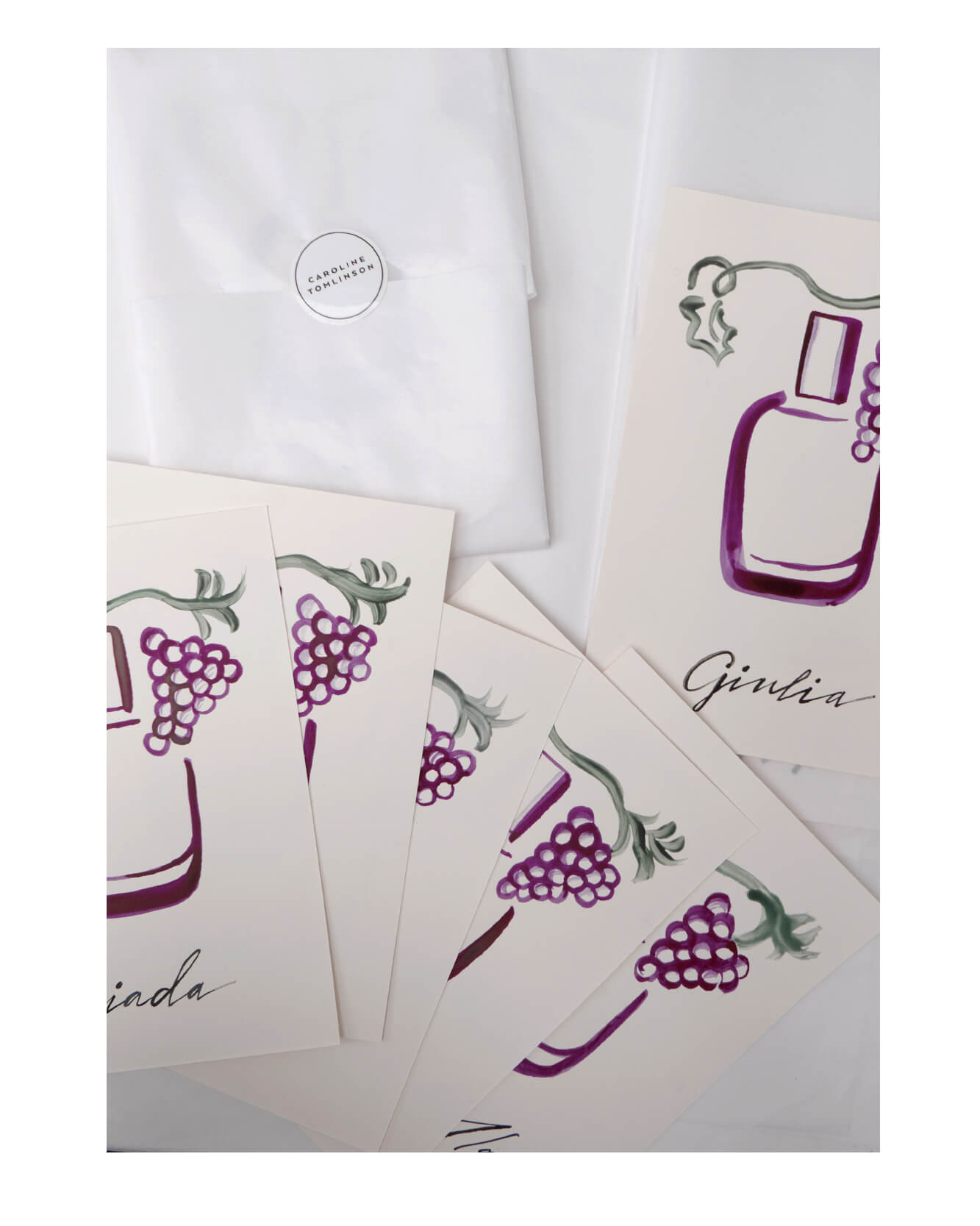 CAROLINE-TOMLINSON-INVITE5 Hand lettered Caudalie invitation with hand painted grape illustration on textured paper