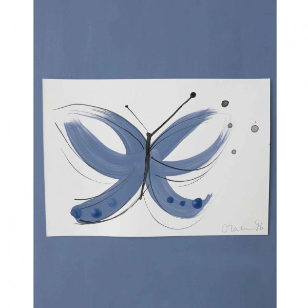 Original A5 butterfly painting in blue house hold paint and black ink on heavyweight paper, painted by London artist Caroline Tomlinson, 2026.
