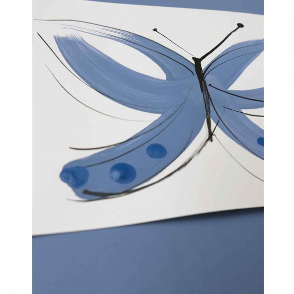 Original A5 butterfly painting in taupe and cobalt blue acrylic on heavyweight paper, painted by London artist Caroline Tomlinson, 2026.