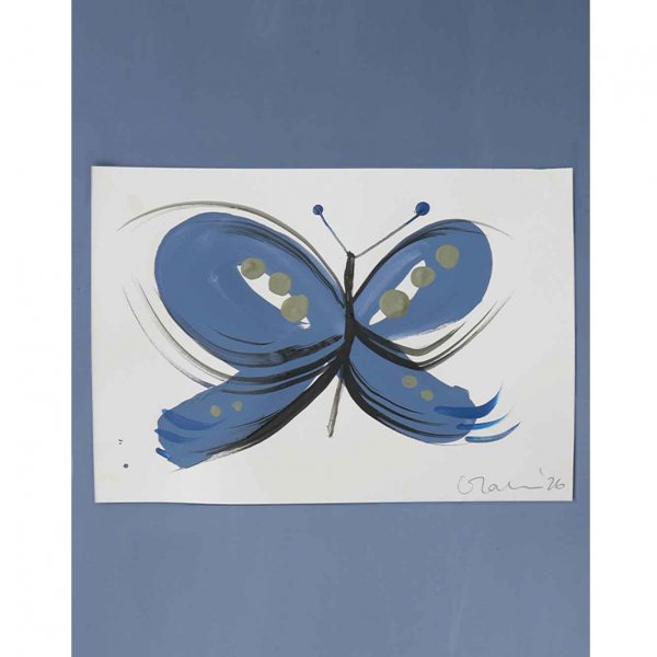 Original A5 butterfly painting in blue acrylic with taupe dot detail by London mixed media artist Caroline Tomlinson, 2026