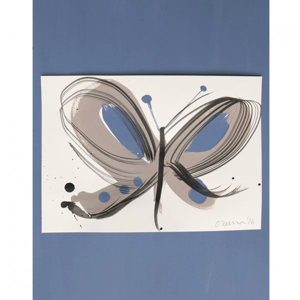 Original A5 butterfly painting in taupe and cobalt blue house hold paint and black Indian ink on heavyweight paper, painted by London artist Caroline Tomlinson, 2026