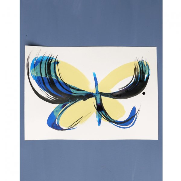 Original A5 butterfly painting in yellow and cobalt blue acrylic with bold expressive brushwork by London mixed media artist Caroline Tomlinson, 2026