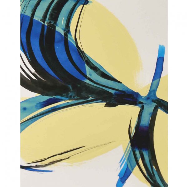 Original A5 butterfly painting in yellow and cobalt blue acrylic with bold expressive brushwork by London mixed media artist Caroline Tomlinson, 2026
