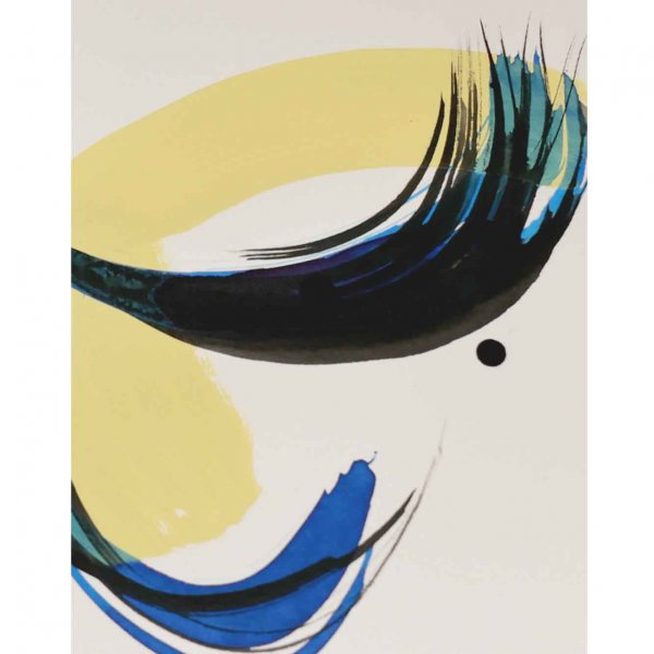 Original A5 butterfly painting in yellow and cobalt blue acrylic with bold expressive brushwork by London mixed media artist Caroline Tomlinson, 2026