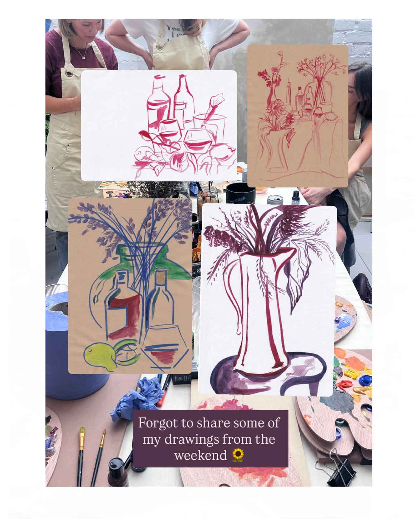Photograph of creative workshop held  in illustrator and artists East London studio Caroline Tomlinson. The workshop was inspired by the artists love of travel and cocktails - with the theme "Five o'clock somewhere" 