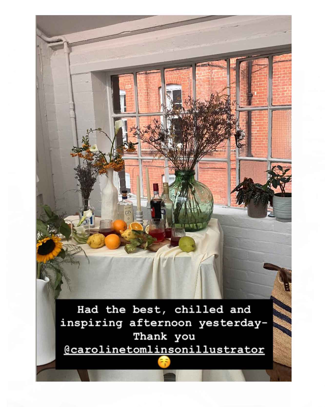 Photograph of creative workshop held in illustrator and artists East London studio Caroline Tomlinson. The workshop was inspired by the artists love of travel and cocktails - with the theme "Five o'clock somewhere"