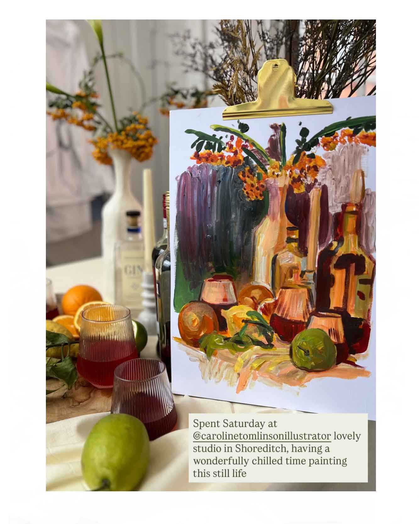 Photograph of creative workshop held  in illustrator and artists East London studio Caroline Tomlinson. The workshop was inspired by the artists love of travel and cocktails - with the theme "Five o'clock somewhere" 