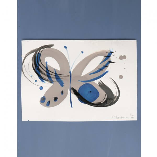 Original A5 butterfly painting in blue acrylic with taupe dot detail by London mixed media artist Caroline Tomlinson, 2026.