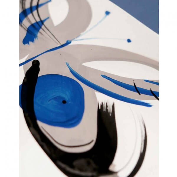 Original A5 butterfly painting in blue acrylic with taupe dot detail by London mixed media artist Caroline Tomlinson, 2026. Detail 1