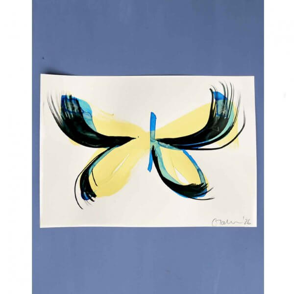 Original A5 butterfly painting in yellow and cobalt blue acrylic with bold expressive brushwork by London mixed media artist Caroline Tomlinson, 2026