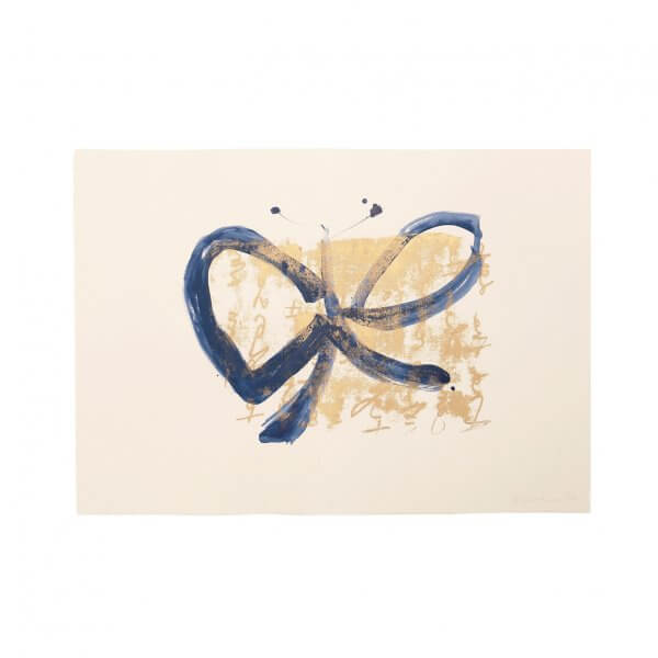 Abstract monoprint painting with looping navy blue brushstrokes and gold relief ink calligraphy marks on cream deckle-edge paper, 70x50cm original artwork by Caroline Tomlinson.