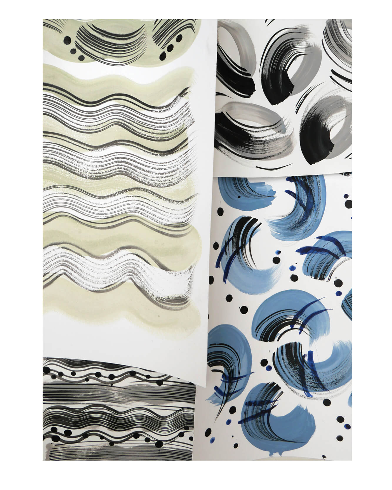 Hand-painted pattern collection inspired by butterflies and transformation — original gouache swatches in blue, black, and cream by Caroline Tomlinson