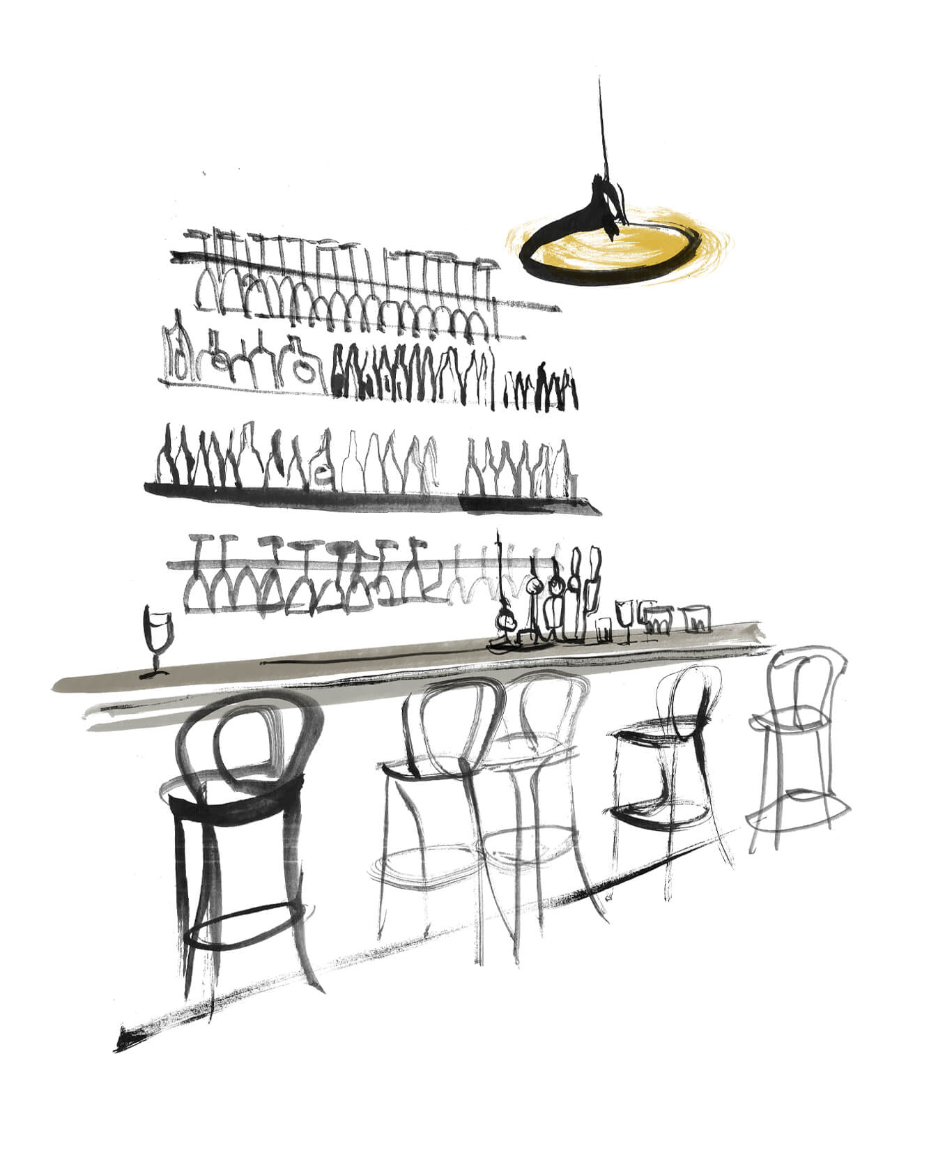 Ink illustration of an empty bar interior with shelved bottles, glassware, and bar stools, by Caroline Tomlinson